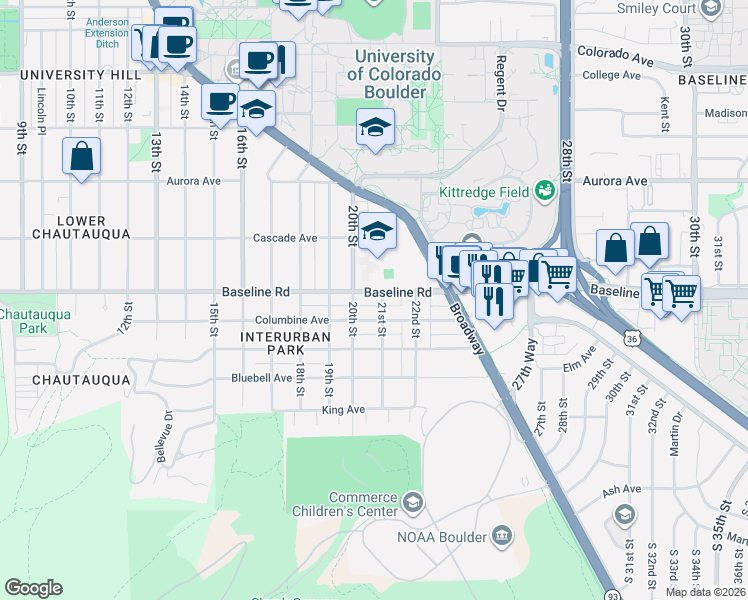 map of restaurants, bars, coffee shops, grocery stores, and more near 700 20th Street in Boulder