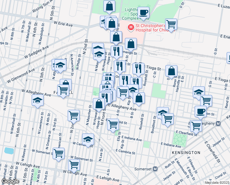 map of restaurants, bars, coffee shops, grocery stores, and more near 124 East Westmoreland Street in Philadelphia
