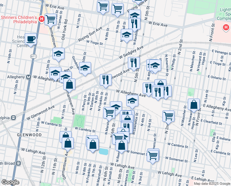 map of restaurants, bars, coffee shops, grocery stores, and more near 612 West Allegheny Avenue in Philadelphia