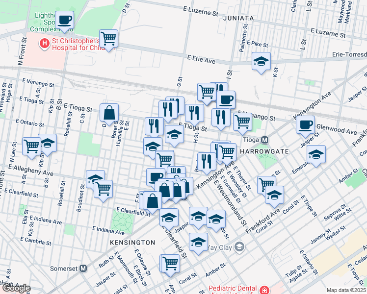 map of restaurants, bars, coffee shops, grocery stores, and more near 833 East Ontario Street in Philadelphia