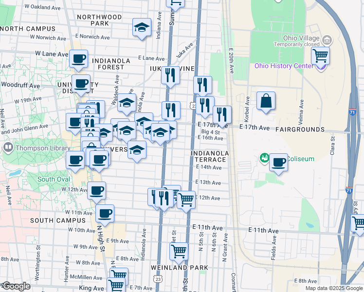 map of restaurants, bars, coffee shops, grocery stores, and more near 317 East 16th Avenue in Columbus