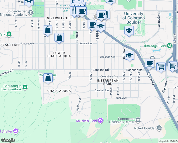 map of restaurants, bars, coffee shops, grocery stores, and more near 1434 Baseline Road in Boulder
