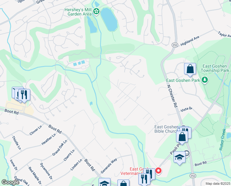 map of restaurants, bars, coffee shops, grocery stores, and more near 958 Cornwallis Drive in West Chester