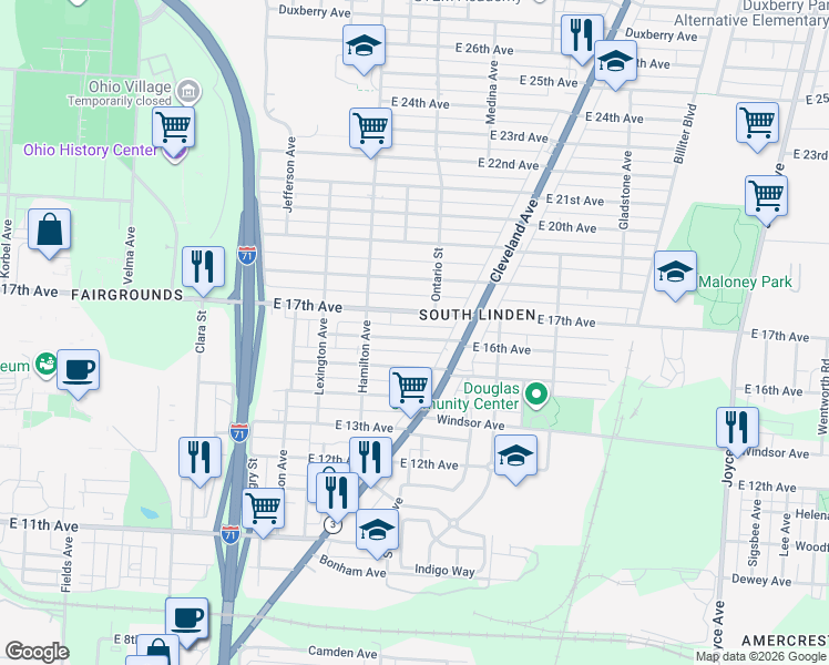 map of restaurants, bars, coffee shops, grocery stores, and more near 1088 East 17th Avenue in Columbus