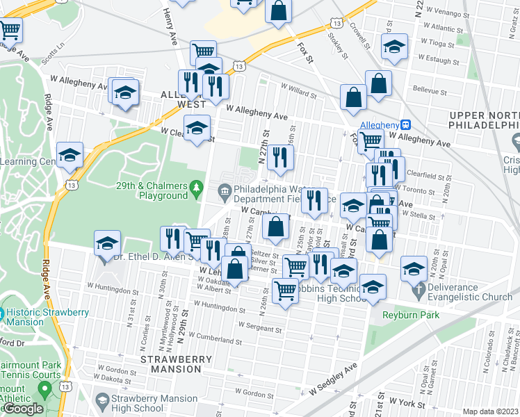 map of restaurants, bars, coffee shops, grocery stores, and more near 2904 North Taney Street in Philadelphia