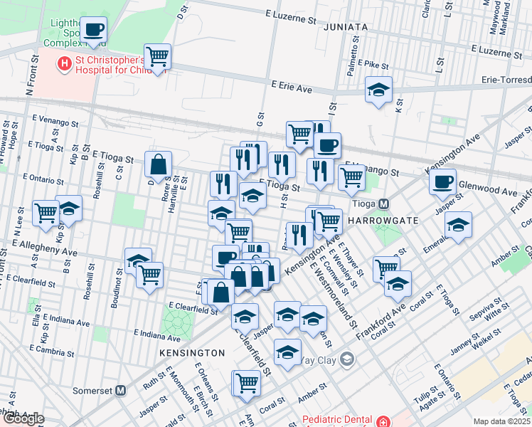 map of restaurants, bars, coffee shops, grocery stores, and more near 833 East Ontario Street in Philadelphia
