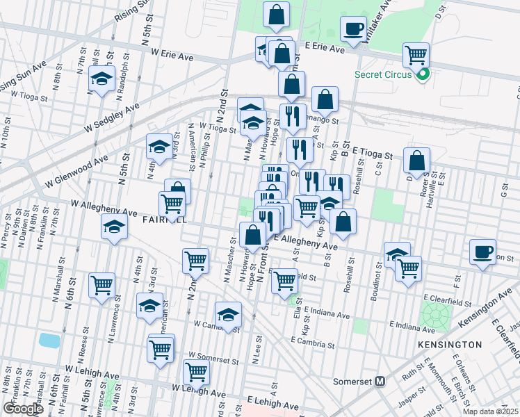 map of restaurants, bars, coffee shops, grocery stores, and more near 3300 North Front Street in Philadelphia
