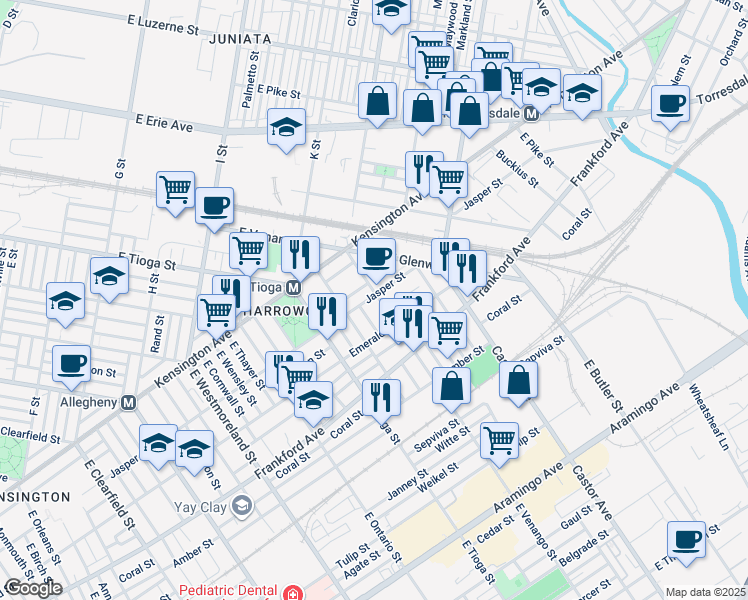 map of restaurants, bars, coffee shops, grocery stores, and more near 1902 East Venango Street in Philadelphia