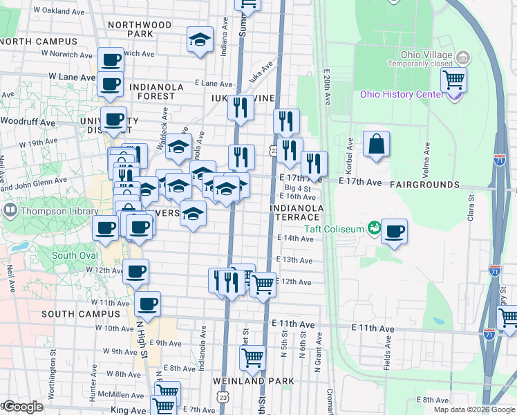 map of restaurants, bars, coffee shops, grocery stores, and more near 292 East 15th Avenue in Columbus