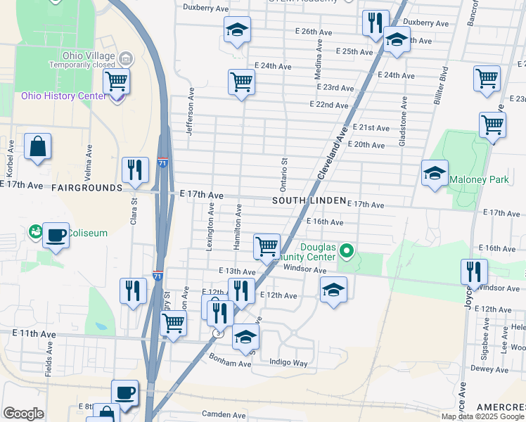 map of restaurants, bars, coffee shops, grocery stores, and more near 1088 East 17th Avenue in Columbus