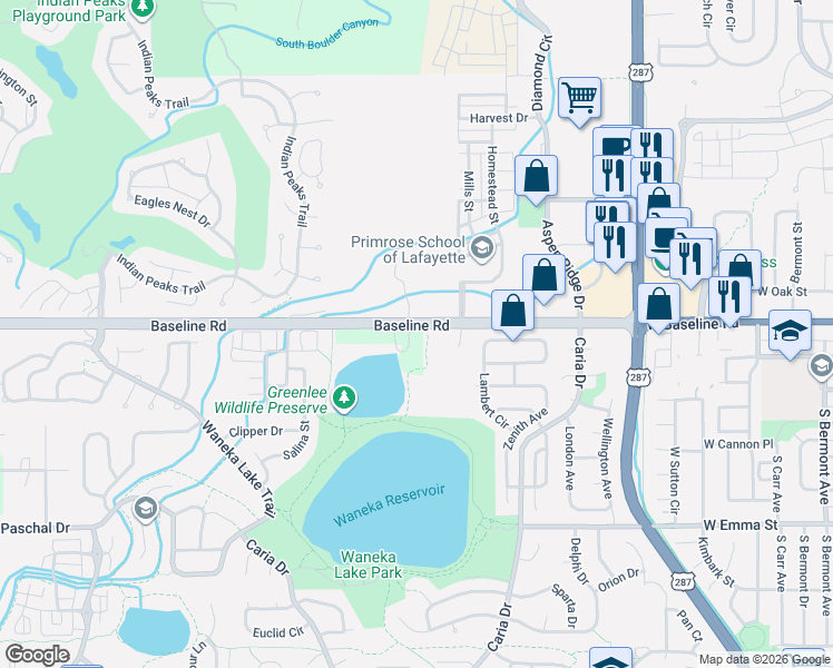 map of restaurants, bars, coffee shops, grocery stores, and more near 10515 Baseline Road in Lafayette