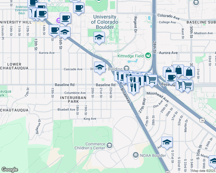 map of restaurants, bars, coffee shops, grocery stores, and more near 2141 Baseline Road in Boulder
