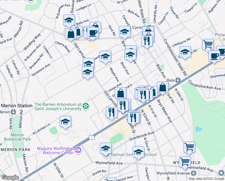 map of restaurants, bars, coffee shops, grocery stores, and more near 162 Union Avenue in Bala Cynwyd