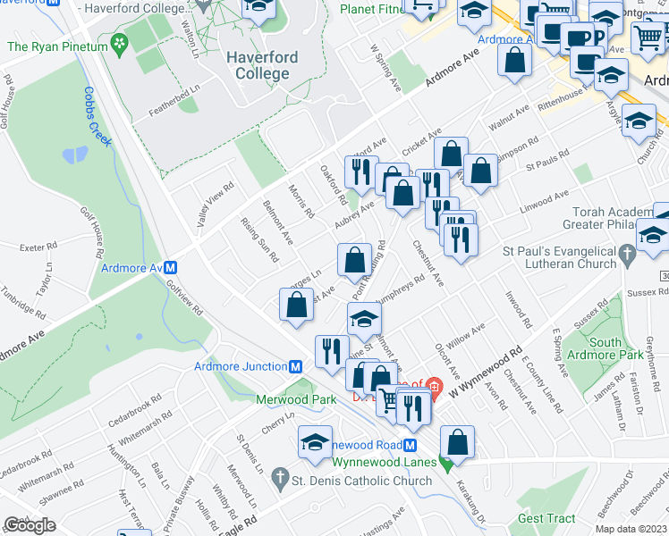 map of restaurants, bars, coffee shops, grocery stores, and more near 663 Georges Lane in Ardmore
