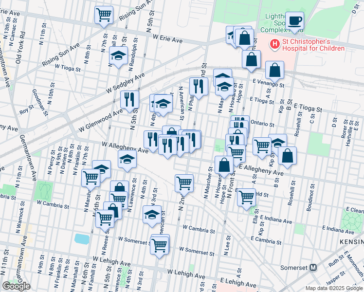 map of restaurants, bars, coffee shops, grocery stores, and more near 3224 North Philip Street in Philadelphia