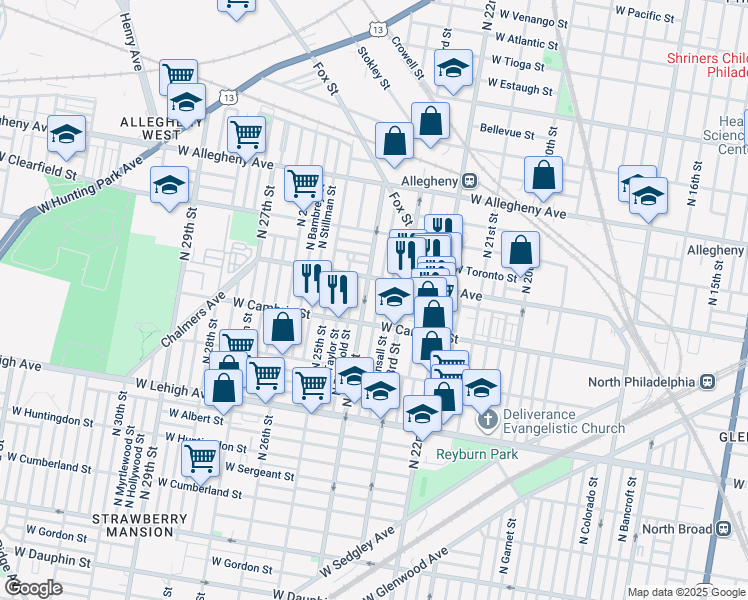 map of restaurants, bars, coffee shops, grocery stores, and more near 2932 North Judson Street in Philadelphia