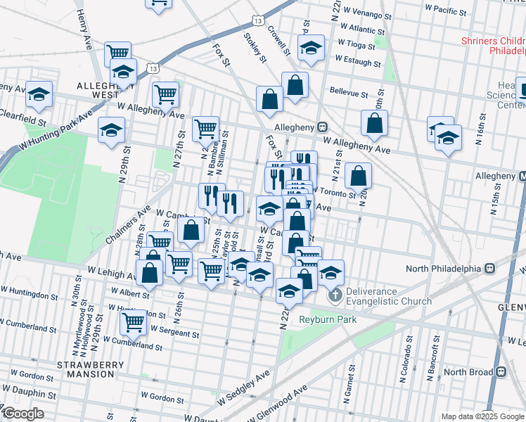 map of restaurants, bars, coffee shops, grocery stores, and more near 2940 North Bonsall Street in Philadelphia