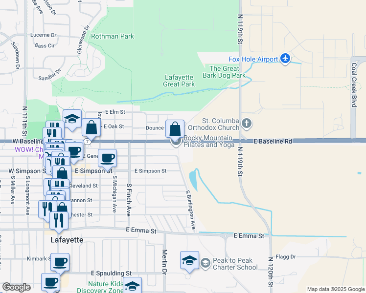 map of restaurants, bars, coffee shops, grocery stores, and more near 902 East Baseline Road in Lafayette