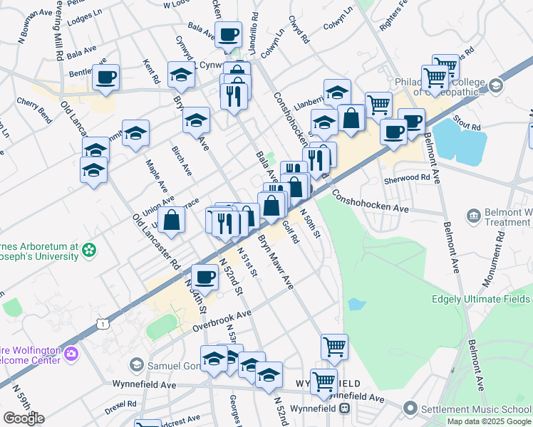map of restaurants, bars, coffee shops, grocery stores, and more near 27 West City Line Avenue in Bala Cynwyd
