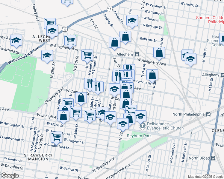 map of restaurants, bars, coffee shops, grocery stores, and more near 2940 North Bonsall Street in Philadelphia
