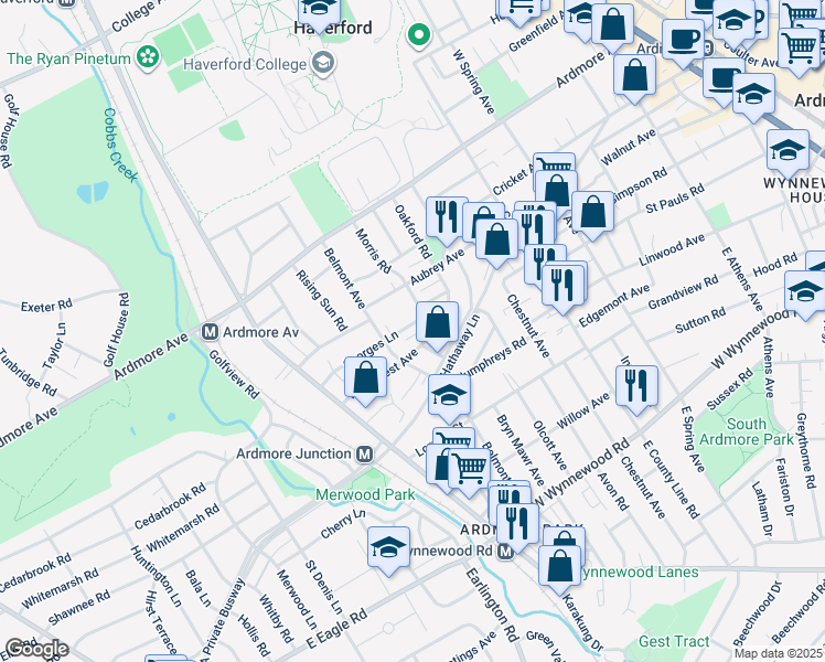 map of restaurants, bars, coffee shops, grocery stores, and more near 663 Georges Lane in Ardmore
