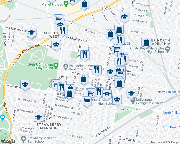 map of restaurants, bars, coffee shops, grocery stores, and more near 2920 North Stillman Street in Philadelphia