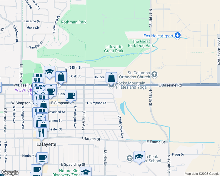 map of restaurants, bars, coffee shops, grocery stores, and more near 801 East Baseline Road in Lafayette