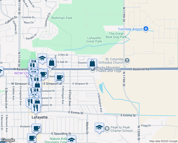 map of restaurants, bars, coffee shops, grocery stores, and more near 801 East Baseline Road in Lafayette