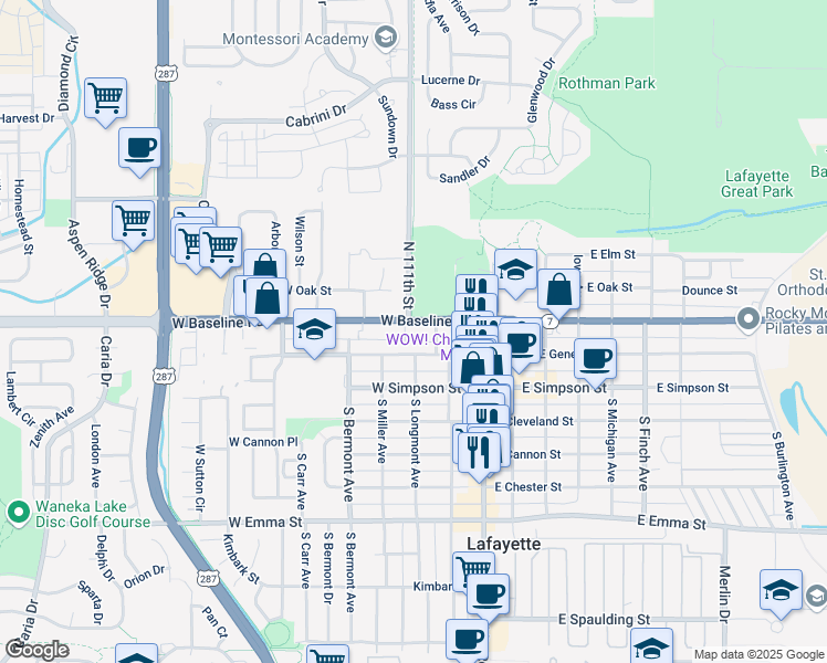 map of restaurants, bars, coffee shops, grocery stores, and more near 301 West Baseline Road in Lafayette