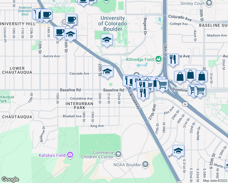 map of restaurants, bars, coffee shops, grocery stores, and more near 2141 Baseline Road in Boulder