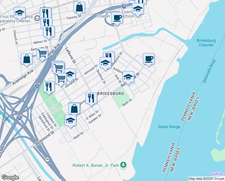 map of restaurants, bars, coffee shops, grocery stores, and more near 4621 Salmon Street in Philadelphia