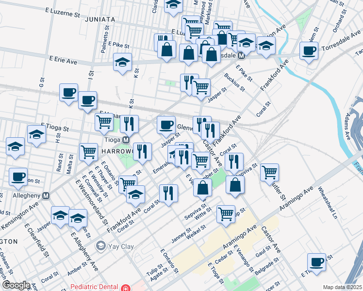map of restaurants, bars, coffee shops, grocery stores, and more near 3632 Jasper Street in Philadelphia