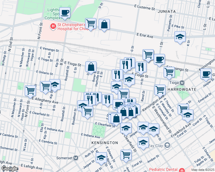 map of restaurants, bars, coffee shops, grocery stores, and more near 643 East Thayer Street in Philadelphia