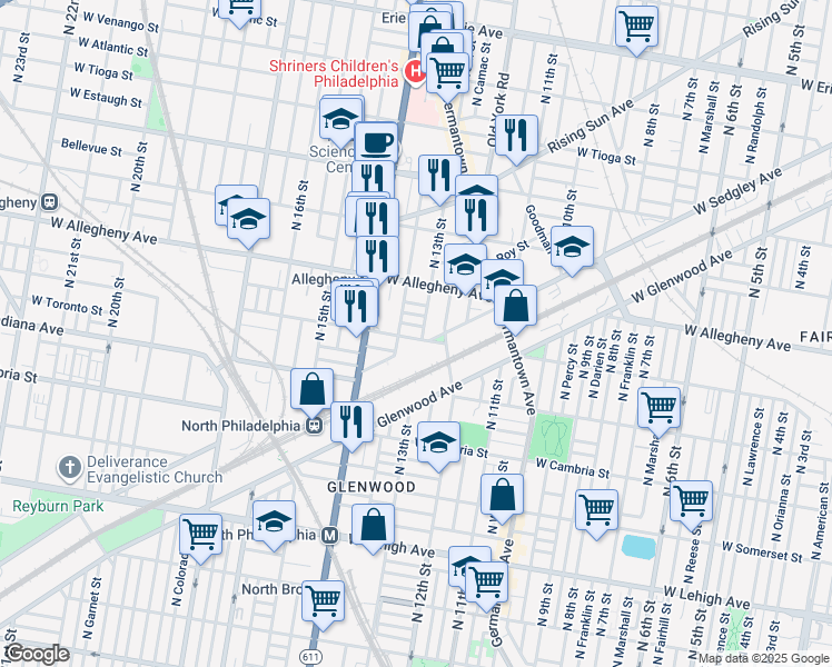 map of restaurants, bars, coffee shops, grocery stores, and more near 1317 West Lippincott Street in Philadelphia