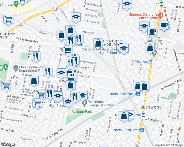 map of restaurants, bars, coffee shops, grocery stores, and more near 2020 West Toronto Street in Philadelphia