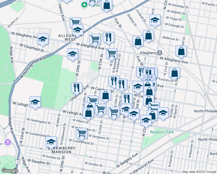 map of restaurants, bars, coffee shops, grocery stores, and more near 2949 North Bambrey Street in Philadelphia