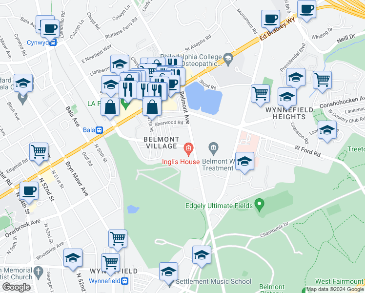 map of restaurants, bars, coffee shops, grocery stores, and more near 4401 Conshohocken Avenue in Philadelphia