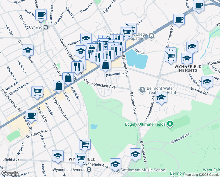 map of restaurants, bars, coffee shops, grocery stores, and more near 4604 Conshohocken Avenue in Philadelphia
