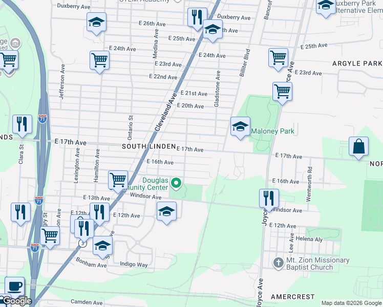 map of restaurants, bars, coffee shops, grocery stores, and more near 1308 East 17th Avenue in Columbus