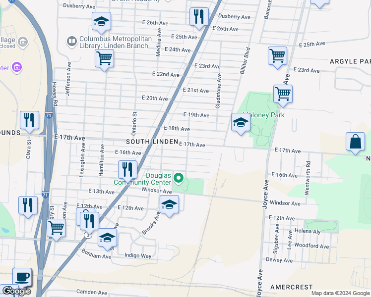 map of restaurants, bars, coffee shops, grocery stores, and more near 1308 East 17th Avenue in Columbus