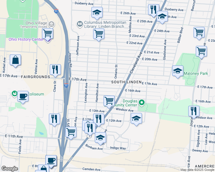 map of restaurants, bars, coffee shops, grocery stores, and more near 1088 East 17th Avenue in Columbus