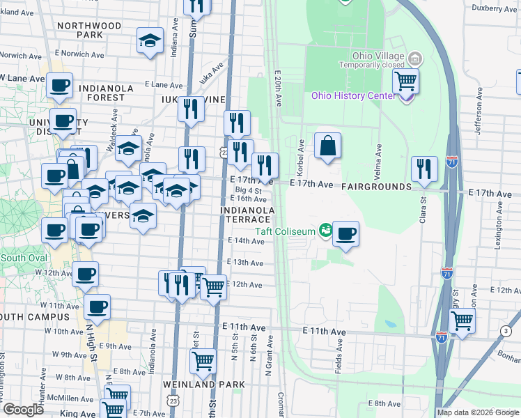map of restaurants, bars, coffee shops, grocery stores, and more near 428 East 16th Avenue in Columbus