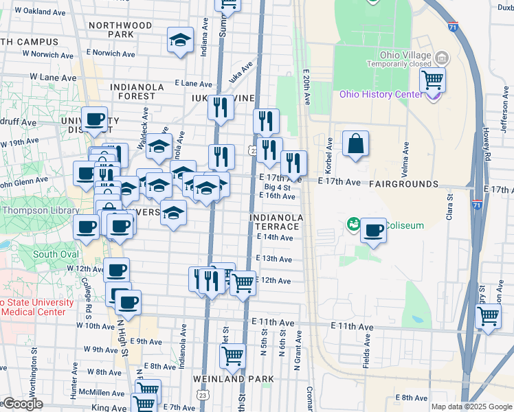 map of restaurants, bars, coffee shops, grocery stores, and more near 374 East 16th Avenue in Columbus