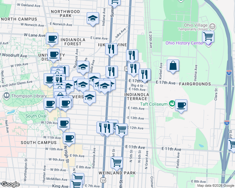 map of restaurants, bars, coffee shops, grocery stores, and more near 317 East 16th Avenue in Columbus