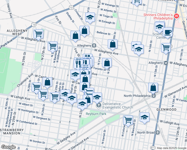 map of restaurants, bars, coffee shops, grocery stores, and more near 2116 West Indiana Avenue in Philadelphia