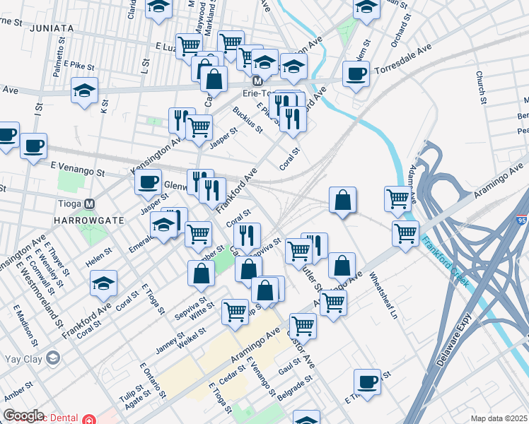 map of restaurants, bars, coffee shops, grocery stores, and more near 2146 East Butler Street in Philadelphia