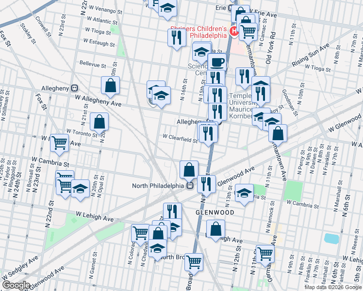 map of restaurants, bars, coffee shops, grocery stores, and more near 3101 North 16th Street in Philadelphia