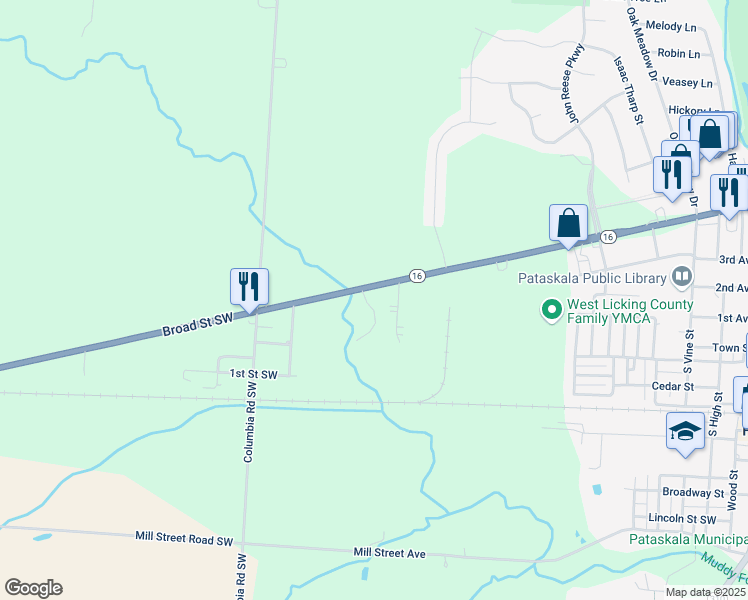 map of restaurants, bars, coffee shops, grocery stores, and more near 601 Conine Way in Pataskala