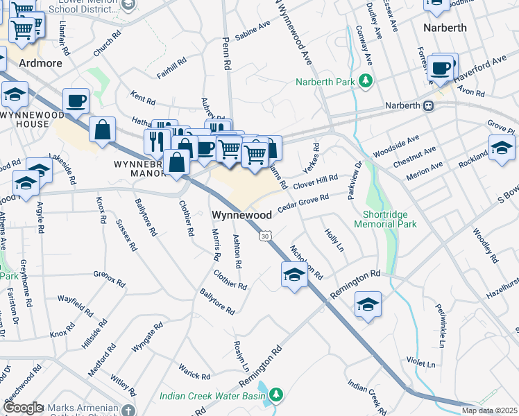 map of restaurants, bars, coffee shops, grocery stores, and more near 1031 Cedar Grove Road in Wynnewood