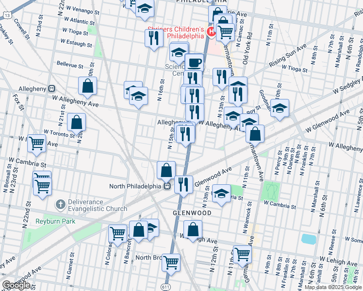 map of restaurants, bars, coffee shops, grocery stores, and more near 1406 West Clearfield Street in Philadelphia
